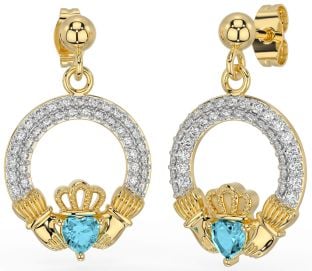 Diamond Aquamarine Gold Claddagh Dangle Earrings