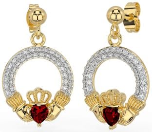 Diamond Garnet Gold Claddagh Dangle Earrings