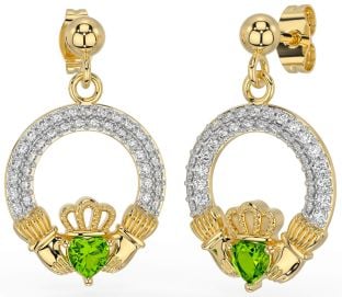 Diamond Peridot Gold Claddagh Dangle Earrings