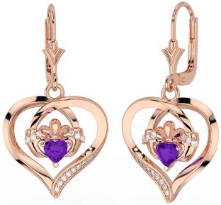 Diamond Amethyst Rose Gold Silver Claddagh Heart Dangle Earrings