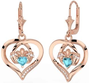 Diamante Aguamarina Rosa Oro Plata Claddagh Corazón Colgar Pendientes