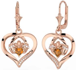 Diamond Citrine Rose Gold Silver Claddagh Heart Dangle Earrings