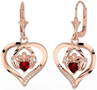 Diamond Garnet Rose Gold Silver Claddagh Heart Dangle Earrings