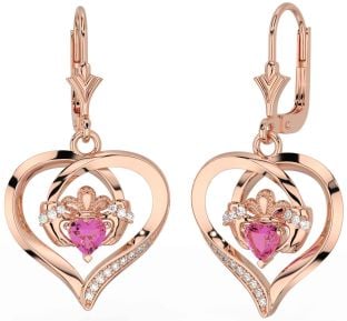 Diamante Rosa Tormalina Rosa Oro Argento Claddagh Cuore Penzolare Orecchini