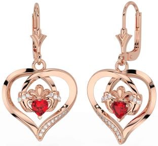 Diamond Ruby Rose Gold Silver Claddagh Heart Dangle Earrings