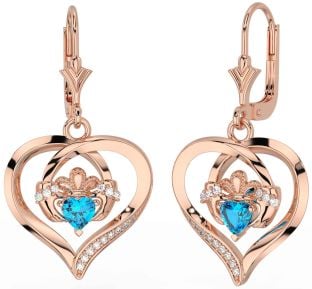 Diamond Topaz Rose Gold Silver Claddagh Heart Dangle Earrings