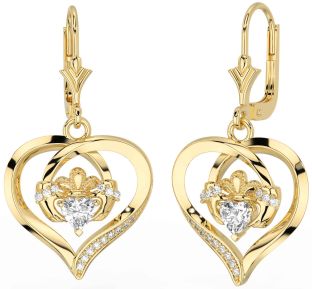 Diamond Gold Silver Claddagh Heart Dangle Earrings