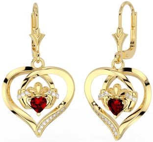 Diamond Garnet Gold Silver Claddagh Heart Dangle Earrings