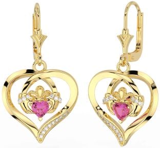 Diamond Pink Tourmaline Gold Silver Claddagh Heart Dangle Earrings