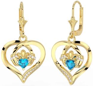 Diamond Topaz Gold Silver Claddagh Heart Dangle Earrings
