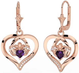 Diamond Alexandrite Rose Gold Claddagh Heart Dangle Earrings