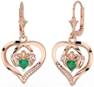 Diamond Emerald Rose Gold Claddagh Heart Dangle Earrings