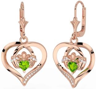 Diamond Peridot Rose Gold Claddagh Heart Dangle Earrings