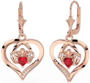 Diamond Ruby Rose Gold Claddagh Heart Dangle Earrings