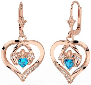 Diamante Topazio Rosa Oro Claddagh Cuore Penzolare Orecchini