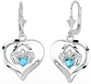 Diamante Água Marinha Prata Claddagh Coração Pendurar Brincos