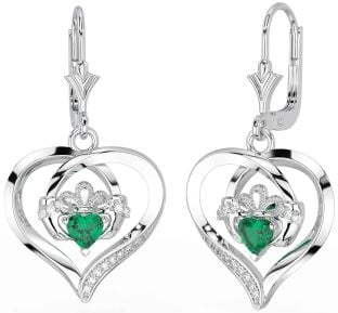 Diamant Smaragd Silber Claddagh Herz Baumeln Ohrringe