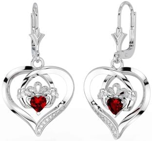 Diamond Garnet Silver Claddagh Heart Dangle Earrings
