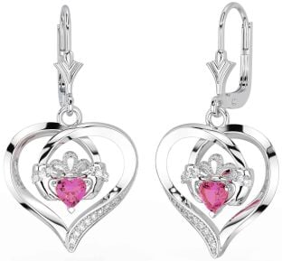 Diamant Rosa Turmalin Silber Claddagh Herz Baumeln Ohrringe