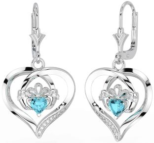 Diamond Aquamarine White Gold Claddagh Heart Dangle Earrings