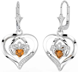 Diamant Citrien Wit Goud Claddagh Hart Bengelen Oorbellen