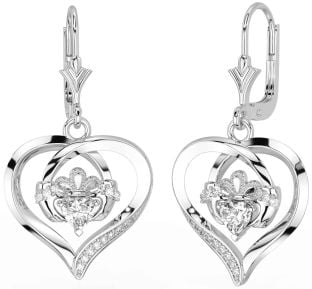 Diamond White Gold Claddagh Heart Dangle Earrings