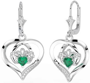 Diamond Emerald White Gold Claddagh Heart Dangle Earrings