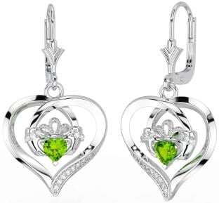 Diamond Peridot White Gold Claddagh Heart Dangle Earrings