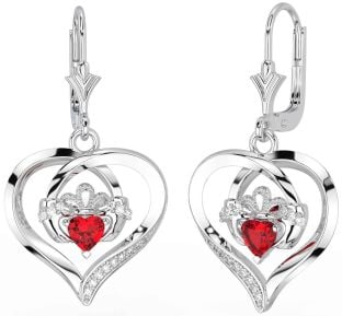 Diamond Ruby White Gold Claddagh Heart Dangle Earrings