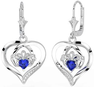 Diamond Sapphire White Gold Claddagh Heart Dangle Earrings