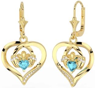 Diamond Aquamarine Gold Claddagh Heart Dangle Earrings