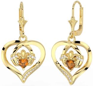 Diamond Citrine Gold Claddagh Heart Dangle Earrings
