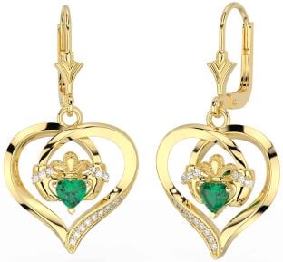 Diamond Emerald Gold Claddagh Heart Dangle Earrings