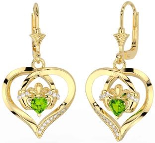 Diamond Peridot Gold Claddagh Heart Dangle Earrings