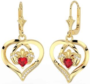Diamond Ruby Gold Claddagh Heart Dangle Earrings