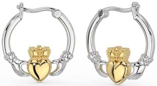 White Yellow Gold Claddagh Dangle Earrings