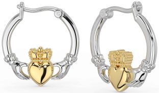 White Yellow Gold Claddagh Dangle Earrings