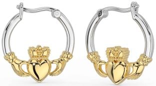 White Yellow Gold Claddagh Dangle Earrings