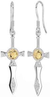 Diamond Gold Silver Celtic Cross Warrior Trinity Knot Dangle Earrings