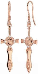 Diamond Rose Gold Silver Celtic Cross Warrior Trinity Knot Dangle Earrings