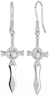 Diamond Silver Celtic Cross Warrior Trinity Knot Dangle Earrings