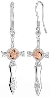 Diamond Rose Gold Silver Celtic Cross Warrior Trinity Knot Dangle Earrings