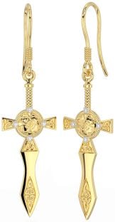 Diamond Gold Celtic Cross Warrior Trinity Knot Dangle Earrings