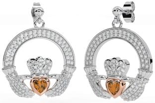 Diamond Citrine Rose Gold Silver Claddagh Dangle Earrings