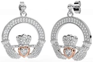 Diamond Rose Gold Silver Claddagh Dangle Earrings