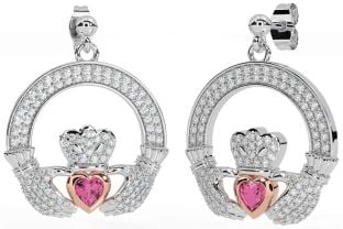 Diamant Lyserød Turmalin Rosa Guld Sølv Claddagh Dingle Øreringe