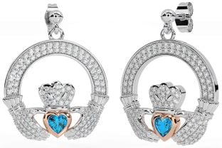 Diamond Topaz Rose Gold Silver Claddagh Dangle Earrings