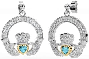 Diamant Aquamarin Gold Silber Claddagh Baumeln Ohrringe