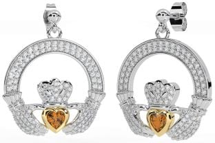 Diamant Citrin Gold Silber Claddagh Baumeln Ohrringe