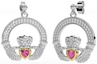 Diamante Rosa turmalina Oro Plata Claddagh Colgar Pendientes